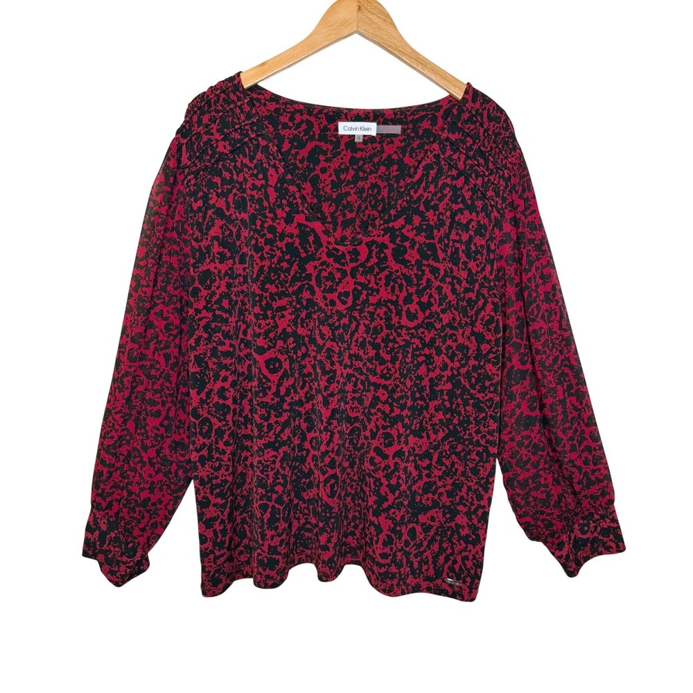 Calvin Klein 1X Red Black Abstract Animal Print V-Neck Smocked Office Blouse Top